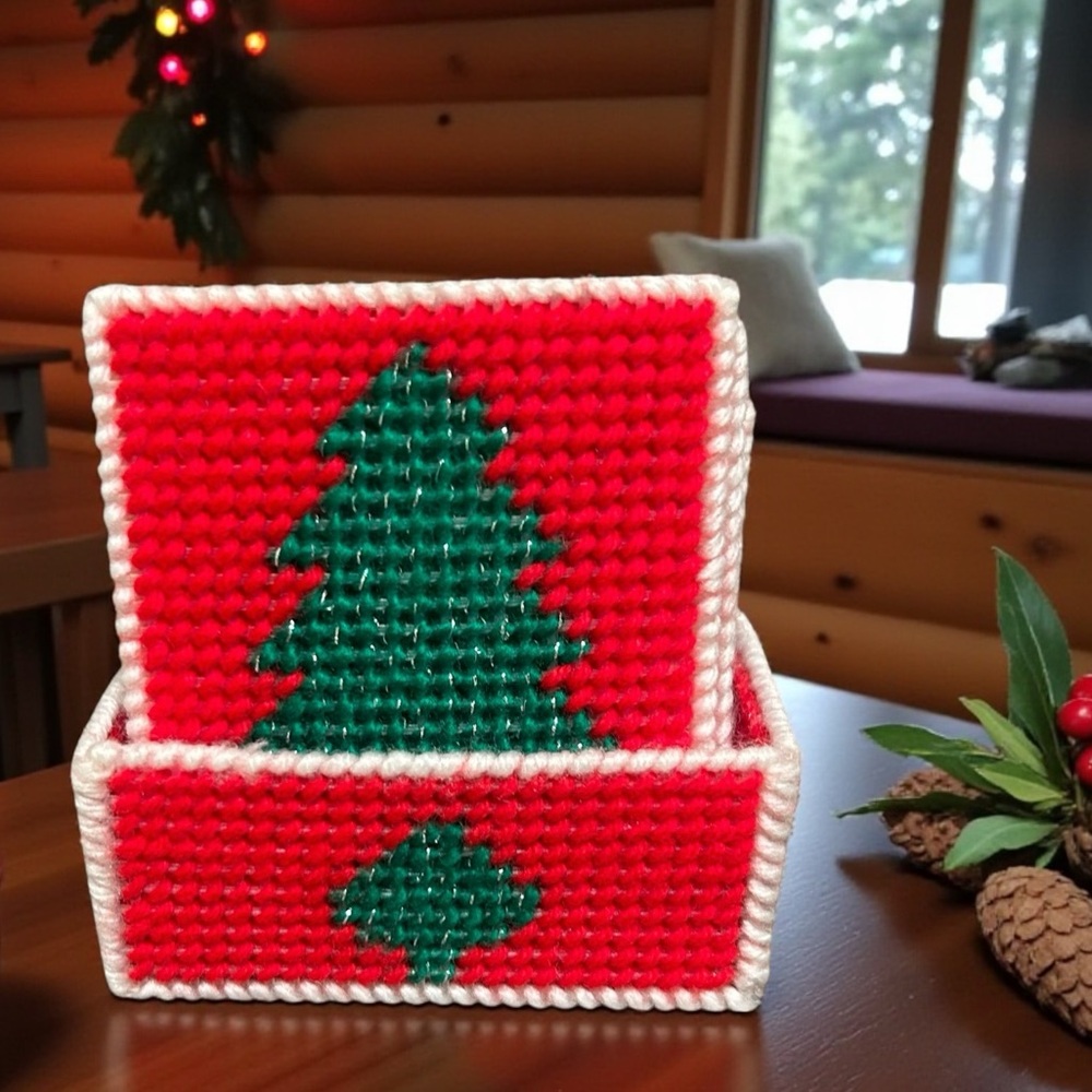 Handmade Cross Stitch Red Christmas Tree Coaster Set